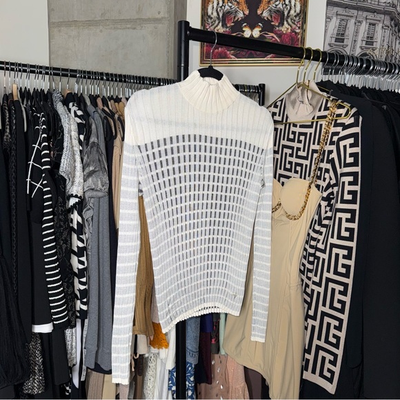 Akris Cream Sheer Grid Mulberry Silk Turtleneck Ribbed Knit Top Womens US 8 EUC - Picture 3 of 12